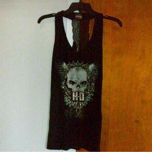 Harley Davidson Black Tank Top Lace Back Detail Embellished with Rhinestones XL